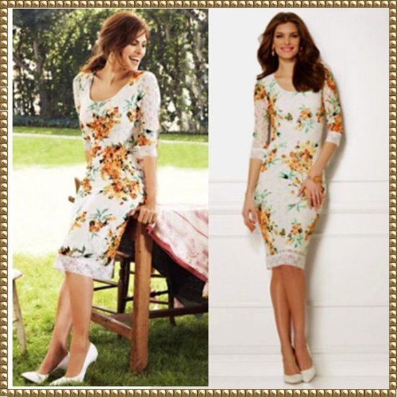 New York & Company Dresses & Skirts - *SOLD* NWT Eva Mendez for NY & Co White Floral Print Lace Trim Dress Size Medium
